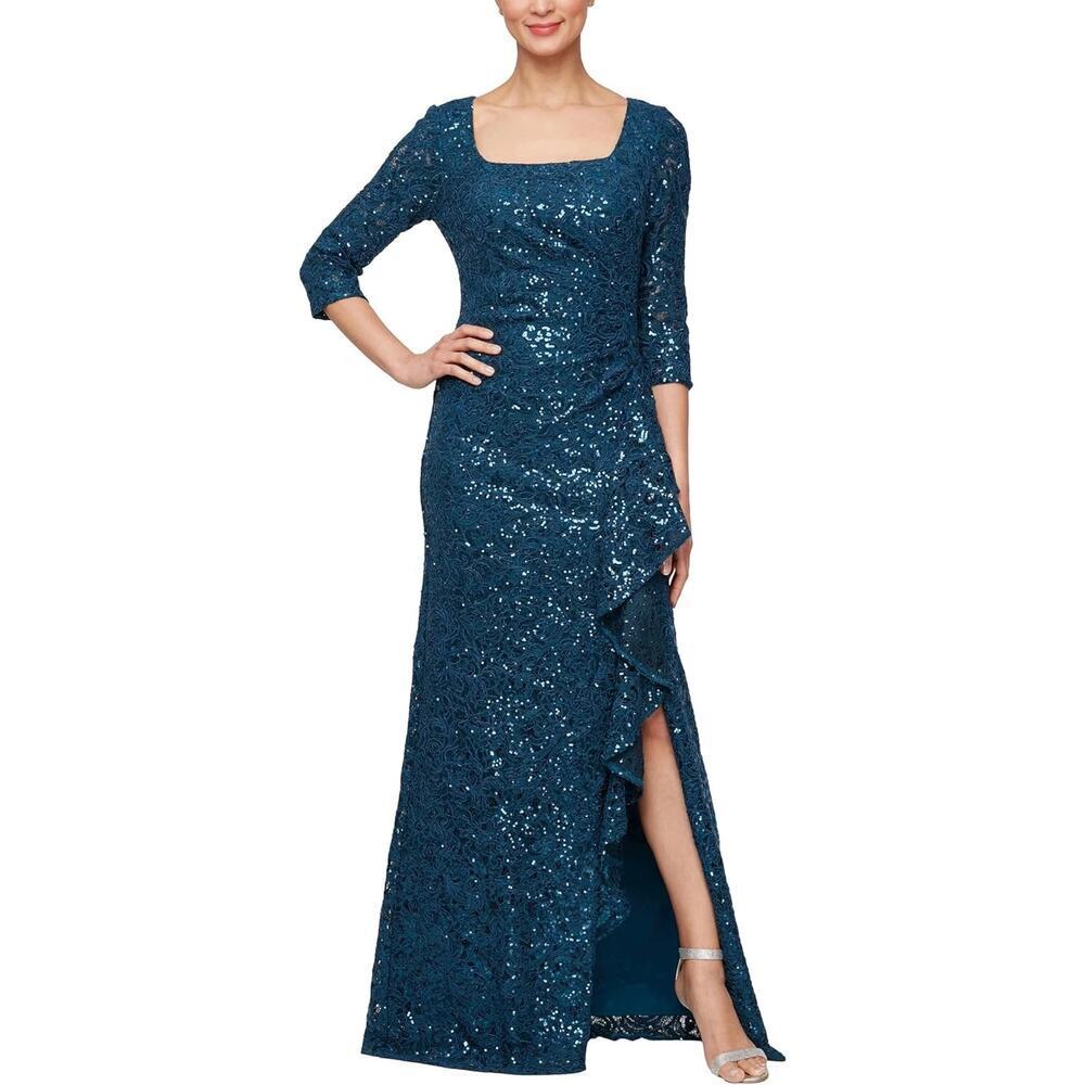 Alex Evenings Mother Of Bride Ruffle Front Lace Sequins Gown Teal Size 8 NWT